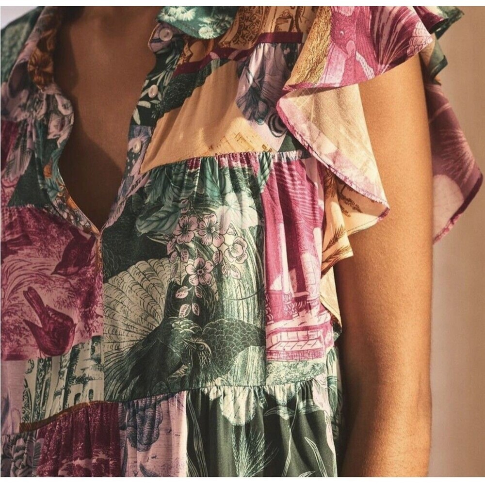 Anthropologie Maeve Flutter Sleeve Babydoll Dress L Floral Patchwork Boho Mini